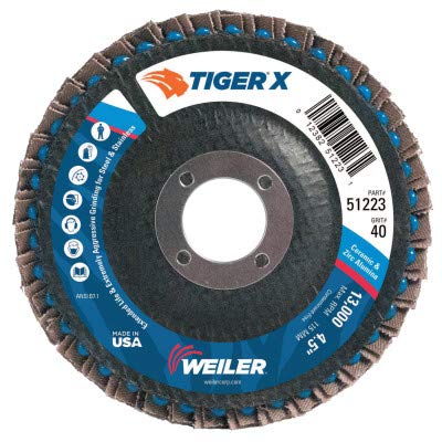 Weiler 51223 Tiger X Flap Disc, Ceramic and Zirconia Alumina, Flat, Phenolic Backing, 40 Grit, 4-1/2″, 7/8″ Arbor Hole, Made in The USA (Pack of 10)