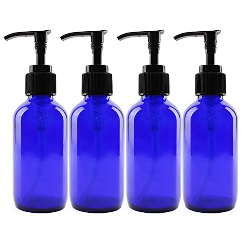 Cornucopia 4-Ounce Cobalt Glass Pump Bottles (4 Pack), for Aromatherapy, Lotions, Soaps & More