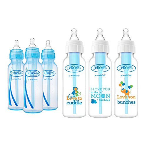 Dr. Browns Baby Bottles Boys 6 Pack – 3 (8 oz) Blue and 3 (8 oz) Clear Bottles with New Prints