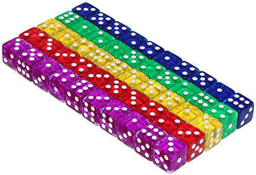 50 6-Sided Dice | 16mm | 5 Colors for Math and dice Games