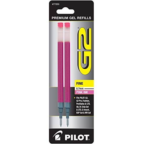 PILOT G2 Gel Ink Refills For Rolling Ball Pens, Fine Point, Pink Ink, 2-Pack (77253)