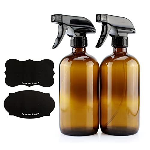 Cornucopia Brands 16-Ounce Amber Glass Spray Bottles w/Reusable Chalk Labels (2 Pack), Heavy Duty Mist & Stream 3-Setting Sprayer; Great for Essential Oils