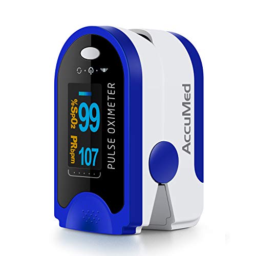 AccuMed Fingertip Pulse Oximeter, Sp02 Finger Blood Pulse Oxygen Monitor, w/Carrying case, Lanyard Silicon Case & Battery CMS-50D (Blue)