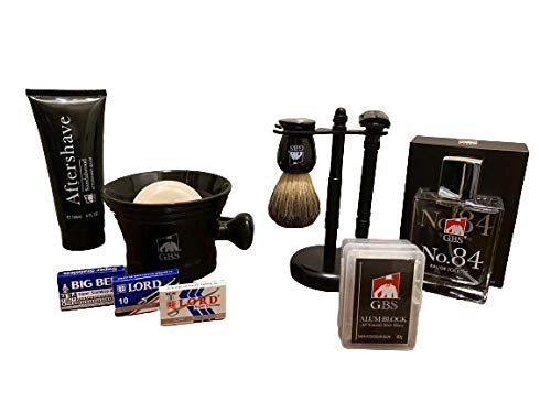 G.B.S 9 Pc Shaving Set – Non Slip DE Safety Razor Shaving Brush Stand 5 oz Sandalwood Aftershave, Mug with G.B.S Natural Soap +15 Blades Adjustable Convenient