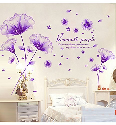 SWORNA Nature Series 3D Romantic Purple Flowers Removable Vinyl DIY Mural Wall Decor Decals for Living Room/Bedroom/Hallway/Sitting Room/Playroom/Kindergarten/Kids Nursery 46” H X 79” W, X-Large