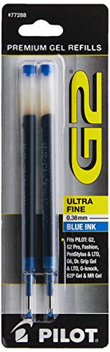 PILOT G2 Gel Ink Refills For Rolling Ball Pens, Ultra Fine Point, Blue Ink, 2-Pack (77288)