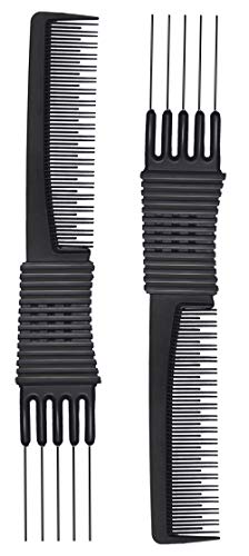 2pcs Black Carbon Lift Teasing Combs with Metal Prong, Salon Teasing Lifting Fluffing Comb with 5 Stainless Steel Pins