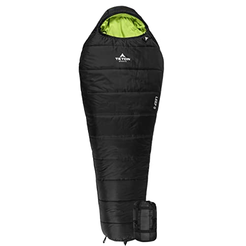 TETON Sports Leef Mummy Sleeping Bag – Lightweight Sleeping Bag for Backpacking, Camping, and Hiking – Cold-Weather Sleeping Bag – Camping Accessory with Drawstring Compression Sack – Long 0℉, Black
