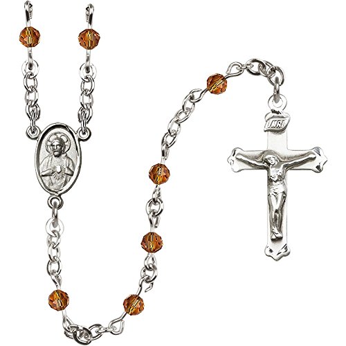 Bonyak Jewelry Sterling Silver Rosary 4mm November Yellow beads Crucifix sz 1 1/8 x 5/8. Scapular medal charm
