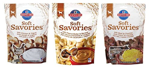 Hill’s Science Diet Soft Savories Adult Dog Treat 3 Flavor Variety Bundle: (1) Soft Savories With Peanut Butter & Banana, (1) Soft Savories With Chicken & Yogurt, and (1) Soft Savories With Beef & Cheddar, 8 Oz. Ea. (3 Bags Total)