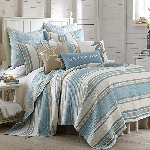Levtex Home Blue Maui Quilt Set, King/Cal King Quilt + Two King Pillow Shams, Striped Coastal Design In Light Blue, Cream and Tan, Quilt Size (106 x 92), Pillow Sham Size (36 x 20), Reversible, Cotton