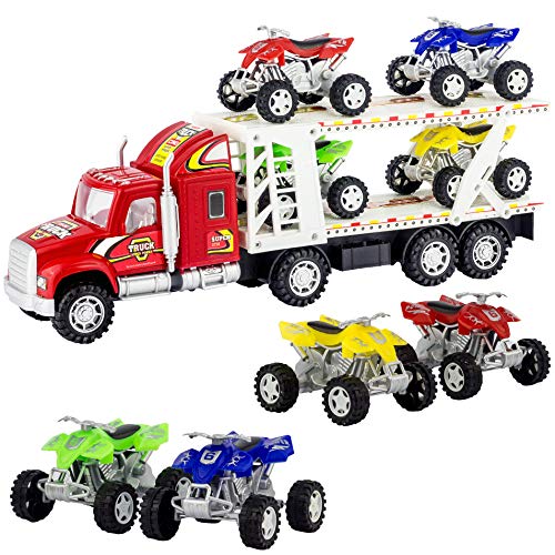 Auto Hauler Big Rig Kids Toy Truck 1:48 Scale Car Carrier Transporter Trailer with 4 ATVs (Assorted Colors)