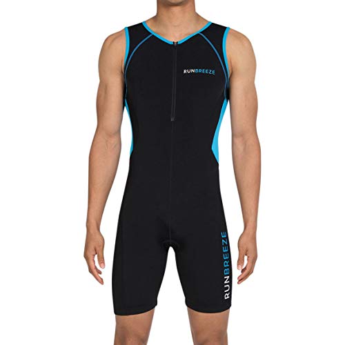 RunBreeze Men’s Triathlon Suit | Breathable, Quick-Drying Tri Suit with Dual Rear Pockets (Black/Blue, Small)