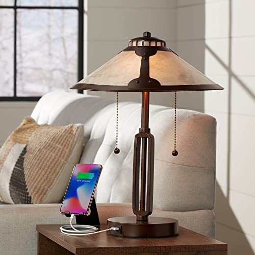 Franklin Iron Works Samuel Industrial Mission Desk Table Lamp with Hotel Style USB Charging Port 20″ High Rubbed Bronze Natural Mica Shade for Living Room Bedroom House Bedside Nightstand Home