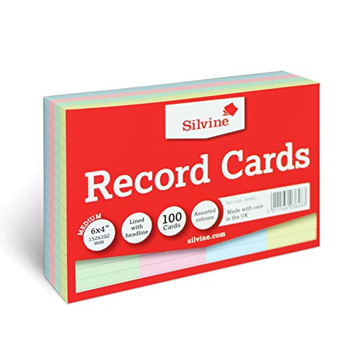 Silvine 6×4″ Multi-Coloured Record Cards – Lined with Headline, 100 Cards per Pack. Ref 564AC (152 x 101mm)