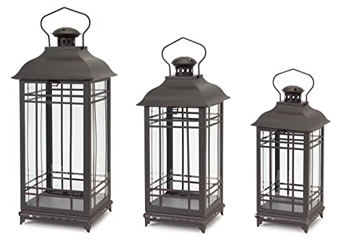 Melrose Rustic Decorative Hanging Metal and Glass Outdoor Porch Deck Patio Home Room Décor Lantern Candle Holder Lights, Bronze (Set of 3)