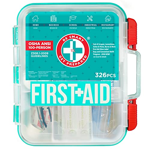 Be Smart Get Prepared First Aid Kit, Teal, 326 Piece, Exceeds OSHA and ANSI Guidelines 100 People – Office, Home, Car, School, Emergency, Survival, Camping, Hunting and Sports