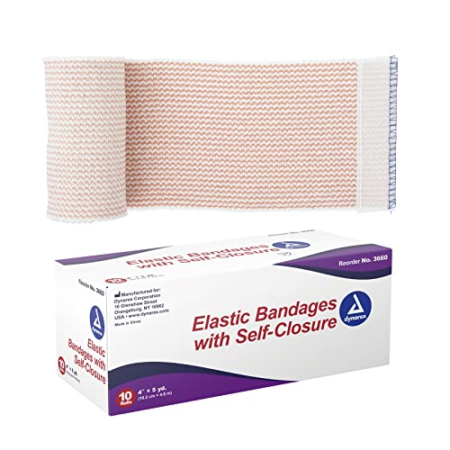 Dynarex Elastic Bandages with Self-Closure, 4″ x 5 yds, Provides Compression for Injuries, Made from Polyester, Cotton, and Spandex, Non-Sterile and Latex-Free, 10 Rolls of Dynarex Elastic Bandages