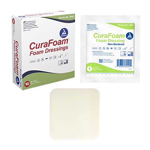 Dynarex CuraFoam Foam Dressings, Non-Bordered, Sterile, Provides Cushioned and Moist Wound Care, Used for Medium to Heavy Exuding Wounds, 4″ x 4.25″, 1 Box of 10 CuraFoam Dressings