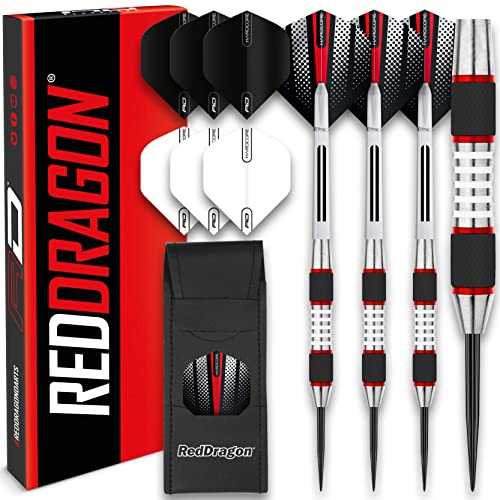 RED DRAGON Evos Tungsten Steeltip Darts Set – 28g with Flights, Stems and Wallet