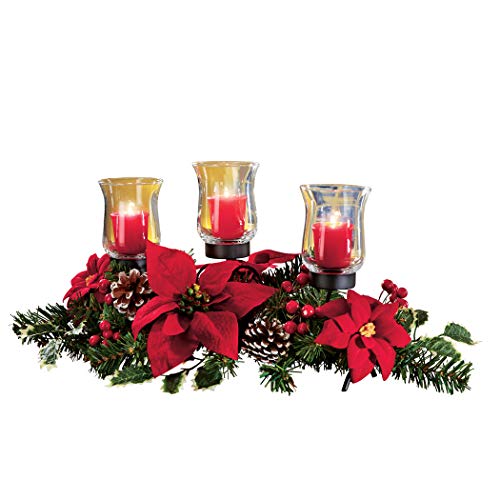 Collections Etc Christmas Poinsettia Candle Holder Centerpiece with Pinecones, Red 20″ L x 9″ W x 9 1/4″ H