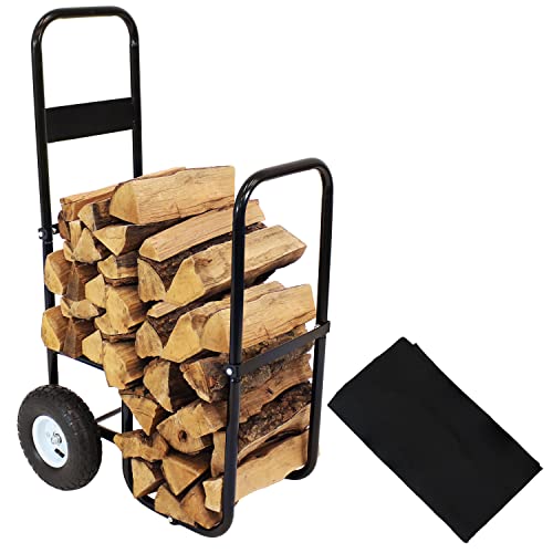 Sunnydaze Firewood Log Cart Carrier with Heavy Duty Waterproof Cover Combo, Outdoor Wood Rack Storage Mover, Rolling Dolly Hauler