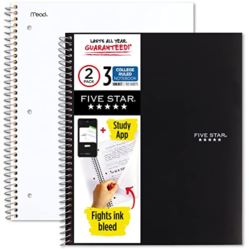 Five Star Spiral Notebooks + Study App, 2 Pack, 3 Subject, College Ruled Paper, 11″ x 8-1/2″, 150 Sheets, Black, White (73015)