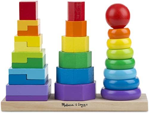 Melissa & Doug Geometric Stacker Toddler Toy, Developmental Toys, Rings, Octagons, and Rectangles, 25 Colorful Wooden Pieces, 11″ H x 3.5″ W x 8.5″ L