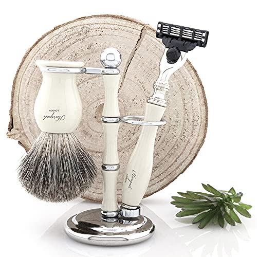 Haryali London Shaving Kit – 3 Pc Shaving Kit – 3 Edge Shaving Blade Shaving Razor – Best Badger Shaving Brush – Shaving Stand – White Color Shaving Set as a Gift Set