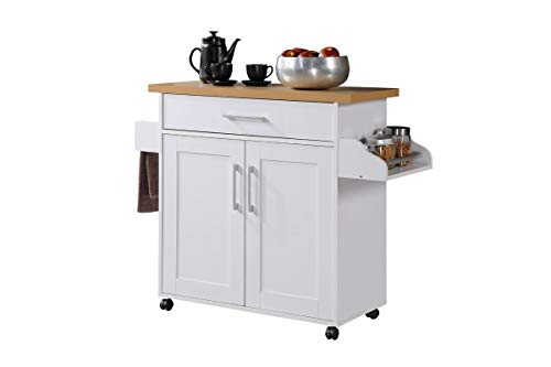 Hodedah Kitchen Island with Spice Rack, Towel Rack & Drawer, White with Beech Top