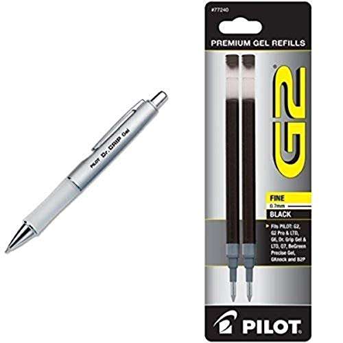 Pilot Dr. Grip Platinum Metallic Retractable Rolling Ball Gel Pen and Black Ink Refill 2 Pack (36272, 77240)
