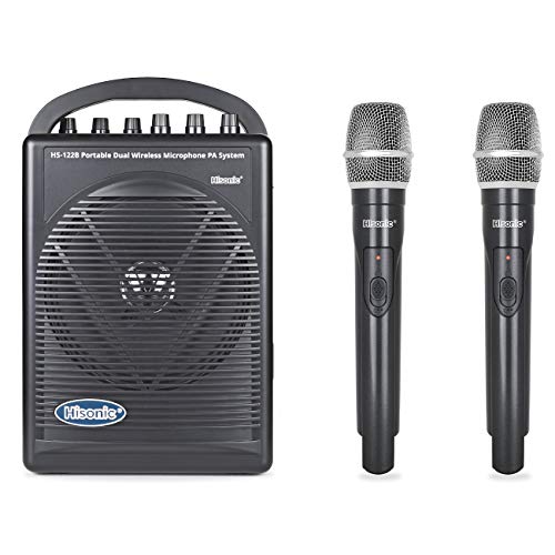 HISONIC HS122BT-HH Portable PA System with Dual Channel Wireless Microphones (Two handheld), Lithium Rechargeable Battery, Bluetooth Streaming Music From your Cell Phones, Black