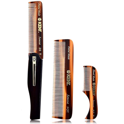 Kent Set of 3-81T Beard and Mustache Comb, FOT Pocket Comb, and 20T Folding Pocket Comb with Clip – Best Beard Care Kit, Travel and Home, Beard Straightener for Men and Beard Grooming Kit