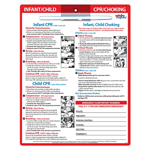 Infant and Child CPR and Choking Magnet – First Aid Quick Reference Card for Children – Emergency Phone Numbers – Laminated with Magnets, Marker – 8.5 x 11 in.