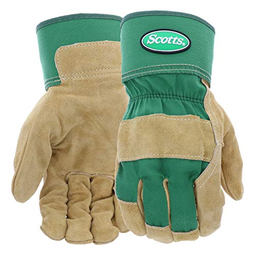 Scotts Men’s Durable Split Cowhide Leather Palm Work Gloves, Abrasion Resistant, Safety Cuff, Padded Knuckle, Green/Yellow, Large, (SC75525/L)