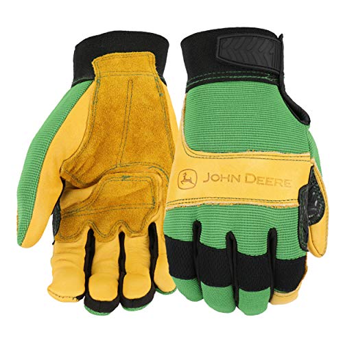 John Deere JD00009 Leather Gloves – X-Large, Grain Cowhide Leather Palm, Spandex Back, Hook and Loop Wrist