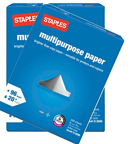 2 Pack: Staples Multipurpose Copy Fax Laser Inkjet Printer Paper, 8 1/2 Inch X 11 Letter Size, 20 Lb, 96 Bright White, Acid Free, Ream, 500 Sheets Each (1,000 Sheets Total)