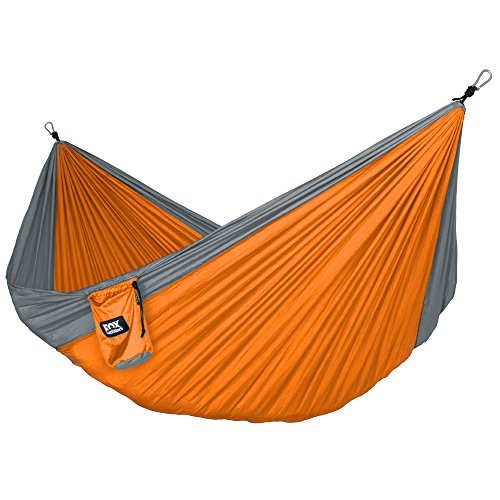 Fox Outfitters Neolite Single Camping Hammock – Lightweight Portable Nylon Parachute Hammock for Backpacking, Travel, Beach, Yard. Hammock Straps & Steel Carabiners Included (Grey/Orange)