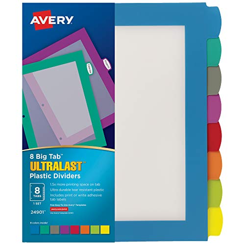 Avery 8-Tab Ultralast Plastic Binder Dividers, Multicolor Big Tabs, 1 Set (24901)