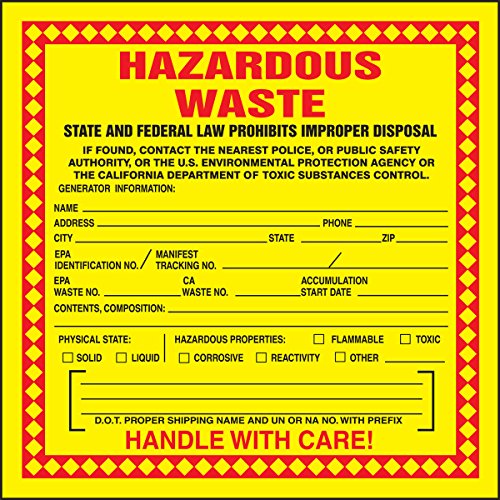 Accuform (California) Hazardous Waste Label Adhesive-Poly Vinyl , “HAZARDOUS WASTE – STATE AND FEDERAL LAW PROHIBITS IMPROPER DISPOSAL…HANDLE WITH CARE!”, 6″ x 6″, Red/Black/Yellow (Pack of 25), MHZWCAEVP