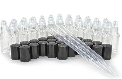24, Clear, Mini (Approx. 4 ml, 1/8 fl. oz) Glass Roll on Bottles, with 3-3 ml Droppers