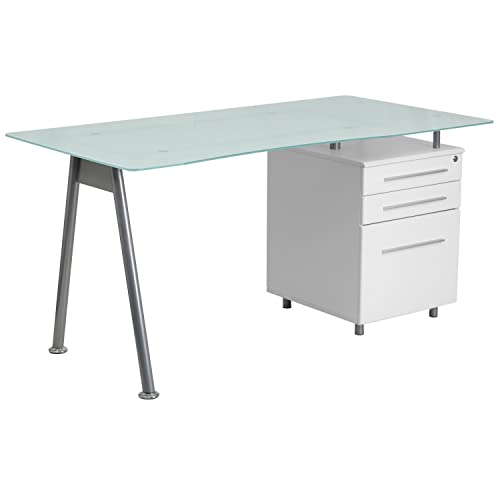 Flash Furniture White Computer Desk with Glass Top and Three Drawer Pedestal