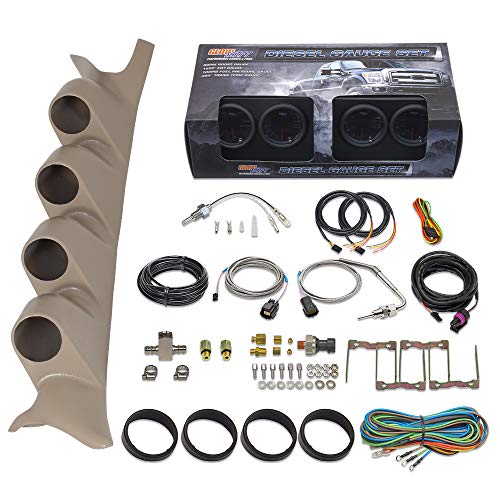 GlowShift Diesel Gauge Package Compatible with Ford Super Duty F-250 F-350 Power Stroke 1999-2007 – Tinted 7 Color 60 PSI Boost, 1500 F EGT, Transmission Temp & Fuel Pressure Gauges – Tan Pillar Pod