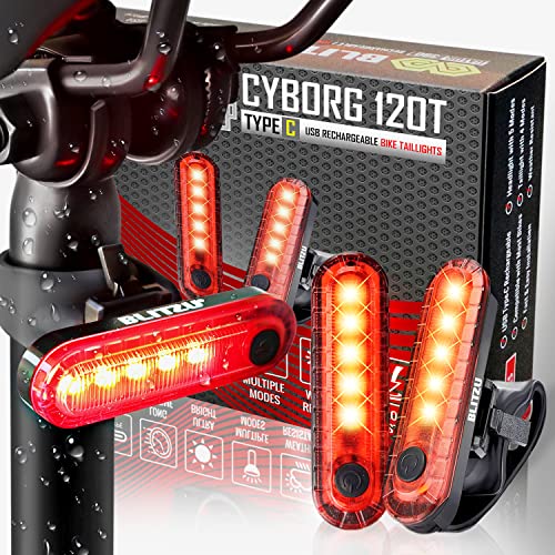 BLITZU 2023 USB-C Rechargeable Bike Tail Light 2 Pack, Cyborg 120T Bright Red LED Bicycle Rear Light, Waterproof Helmet Lights, Cycling Flashlight Safety Reflectors Accessories, Fits Adult, Kids MTB