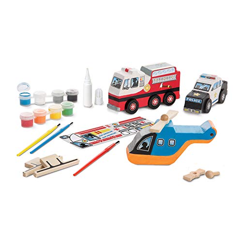 Melissa & Doug Created by Me! Rescue Vehicles Wooden Craft Kit – Decorate-Your-Own Police Car, Fire Truck, Helicopter