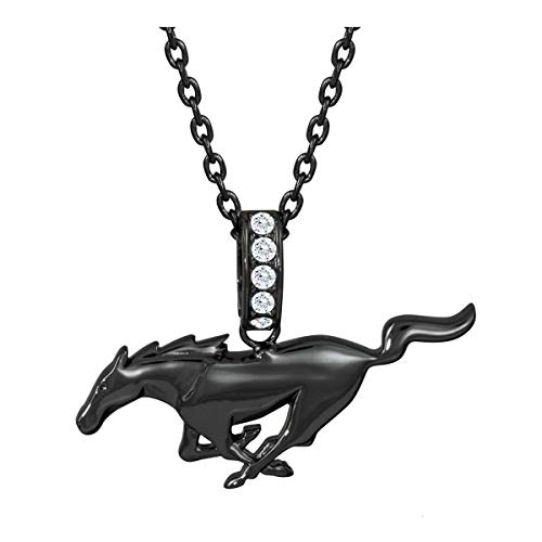 ‘Black Beauty’ Ford Mustang galloping Pony logo necklace embellished with Swarovski crystals. Rhodium plated solid Brass. 18″ chain with 2” extender black Rhodium Plated .925 Sterling Silver.
