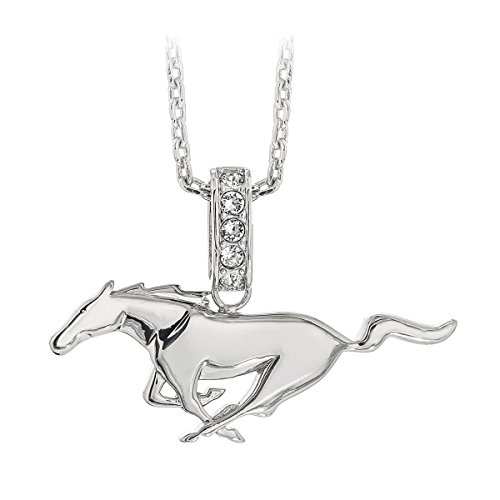 Beautiful Ford Mustang galloping Pony logo necklace embellished with crystals. Rhodium plated solid Brass. 18″ chain with 2” extender are Rhodium Plated .925 Sterling Silver.