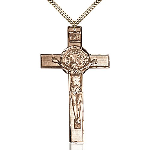 Gold Filled St. Benedict Pendant 3 X 1 3/4 inches with Heavy Curb Chain