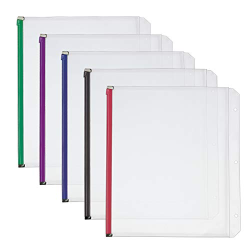 Cardinal Plastic Zippered Binder Pockets, 3-Hole Punched, Fits Full Letter Size 8-1/2″ x 11″ Sheets, Clear with Multicolor Zippers, 5-Pack (14650)
