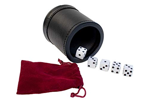 Alex Cramer Golden Gate Dice Shaker Cup Set – 5 White Dice, Drawstring Pouch & Book of Dice Games (Liar’s Dice) Included – Leather Dice Cup – Noiseless Liner for Quiet Shaking.